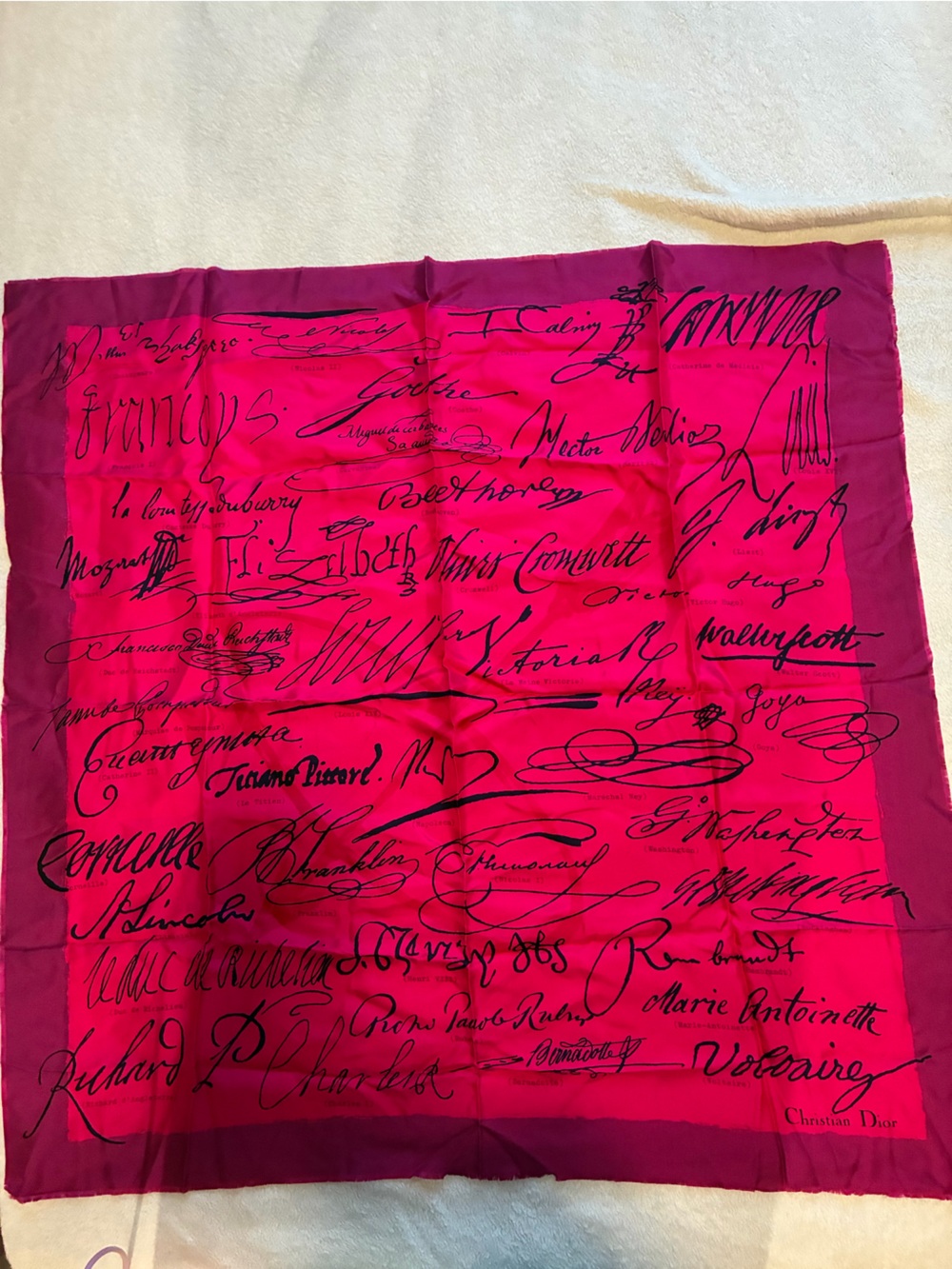 Dior Fuchsia and Black Script Silk Scarf Vintage 1960’s from Paris Collector